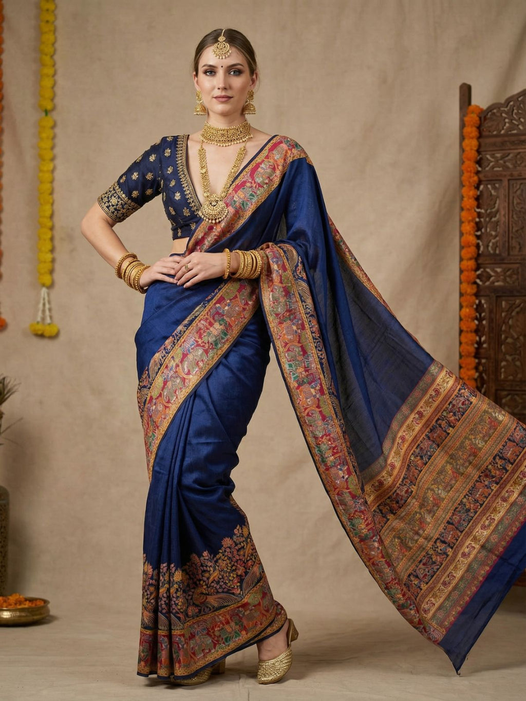Elegant Cream Pashmina Silk Saree with Traditional Borders