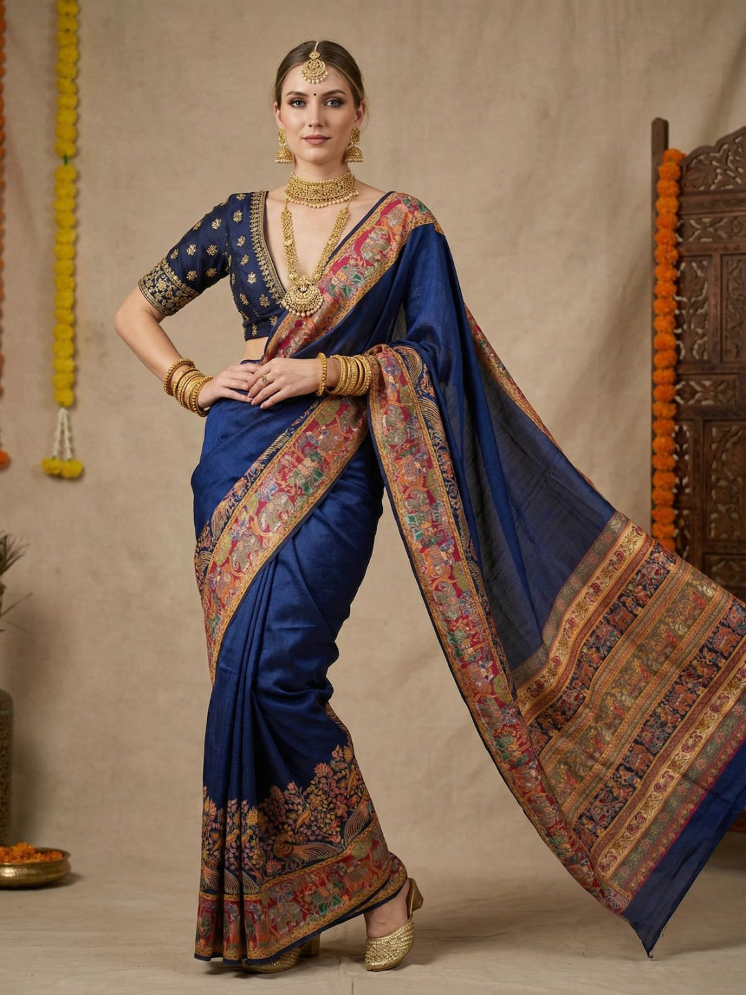 Elegant Cream Pashmina Silk Saree with Traditional Borders