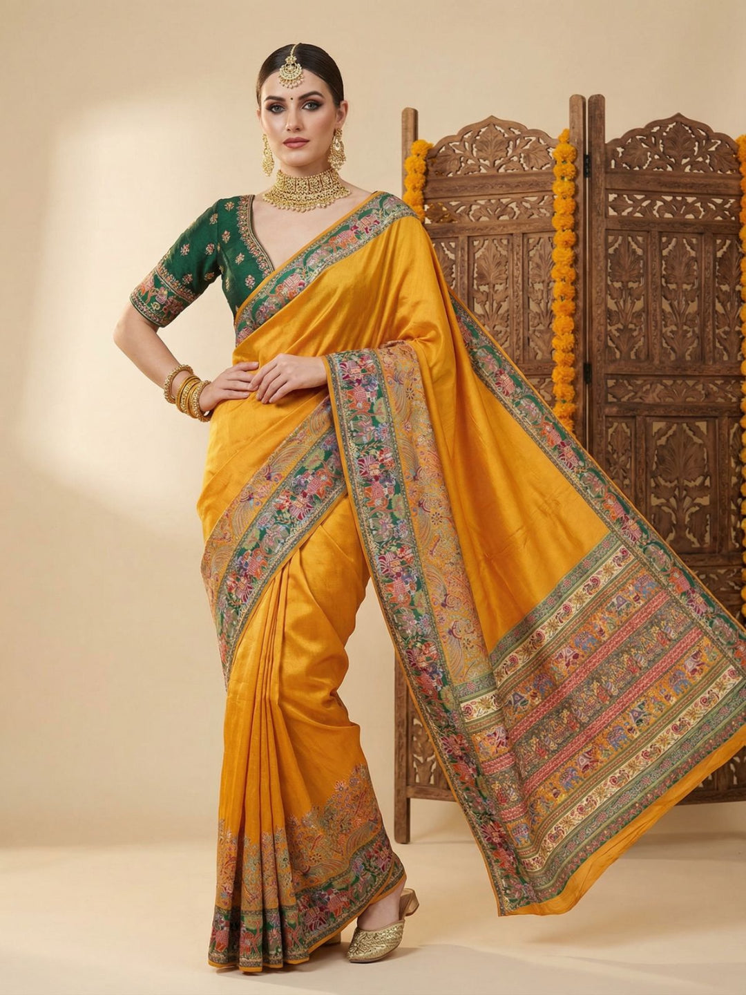 Elegant Cream Pashmina Silk Saree with Traditional Borders