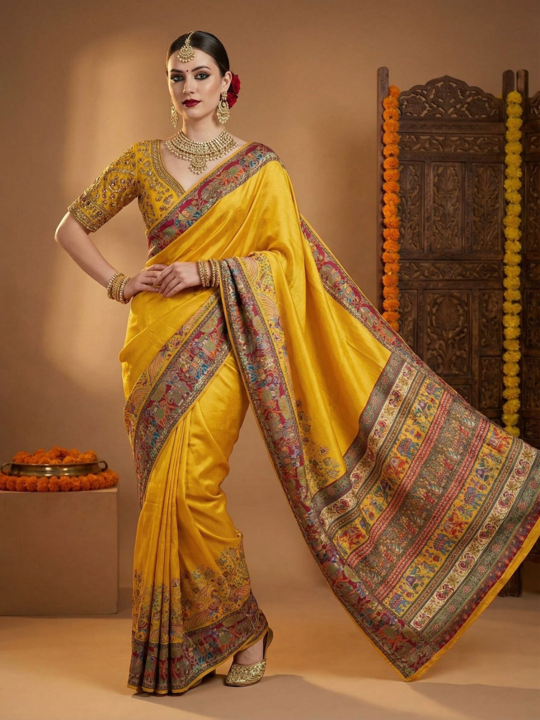 Elegant Cream Pashmina Silk Saree with Traditional Borders