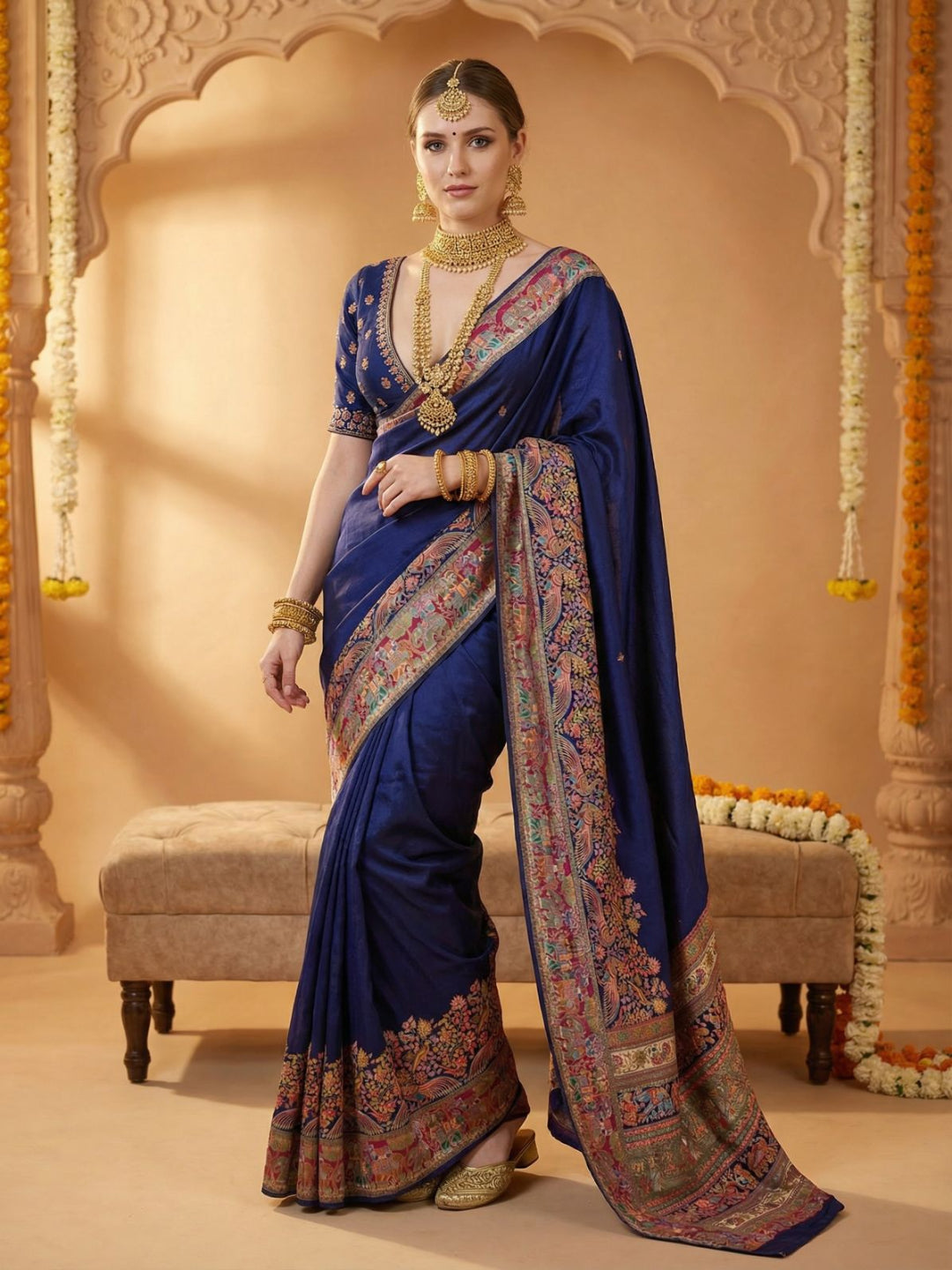 Elegant Cream Pashmina Silk Saree with Traditional Borders