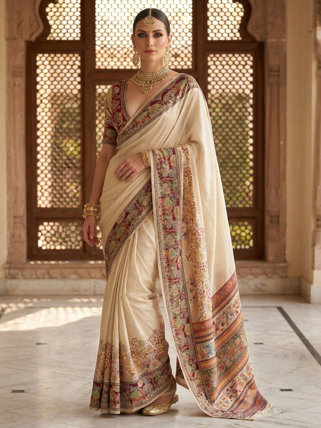 Elegant Cream Pashmina Silk Saree with Traditional Borders