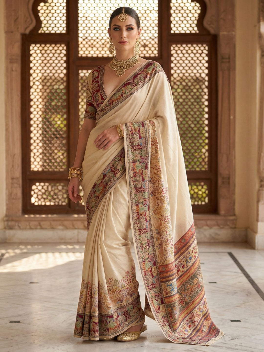 Elegant Cream Pashmina Silk Saree with Traditional Borders