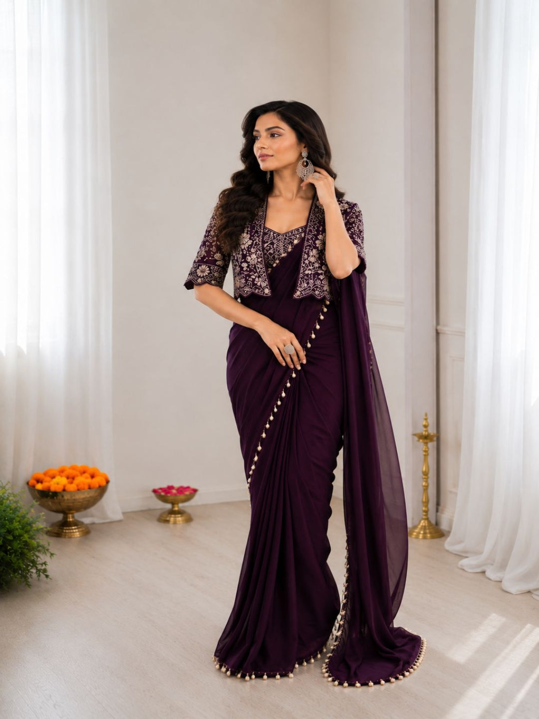 Ready-to-Wear Crepe Silk Saree with Embroidered Jacket