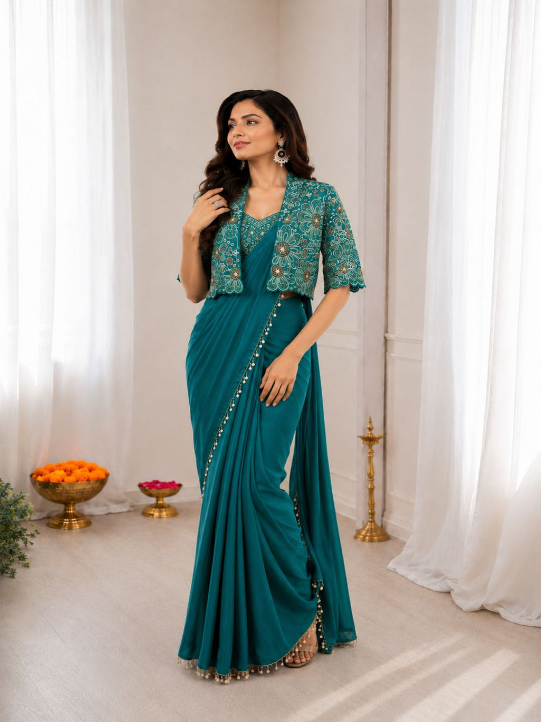 Ready-to-Wear Crepe Silk Saree with Embroidered Jacket