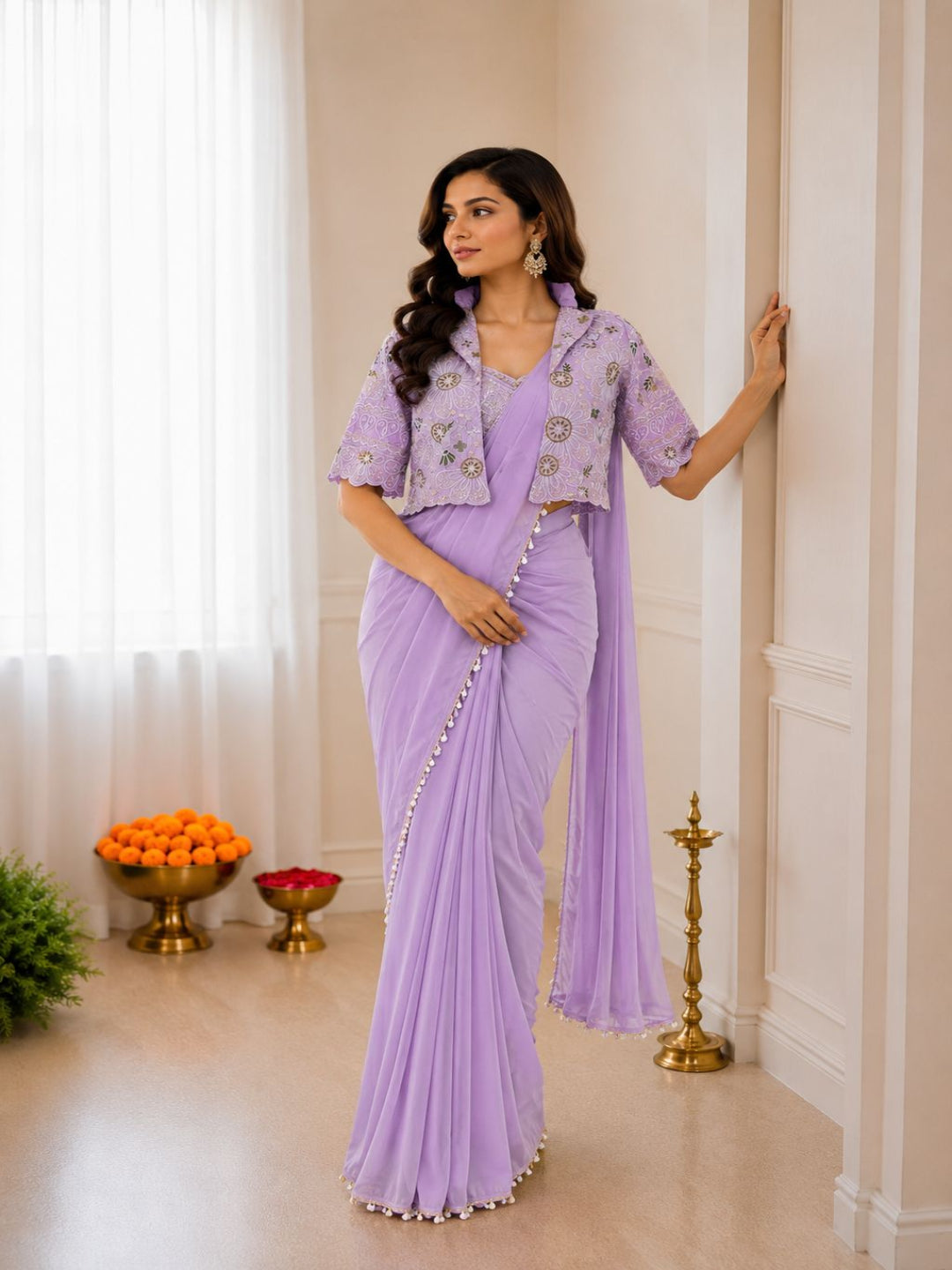 Ready-to-Wear Crepe Silk Saree with Embroidered Jacket