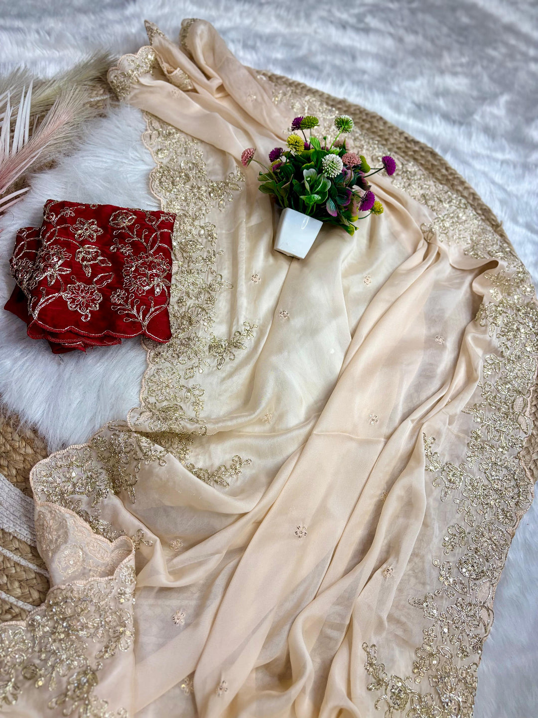 ivory saree crafted from silk with detailed gold Zardosi embroidery