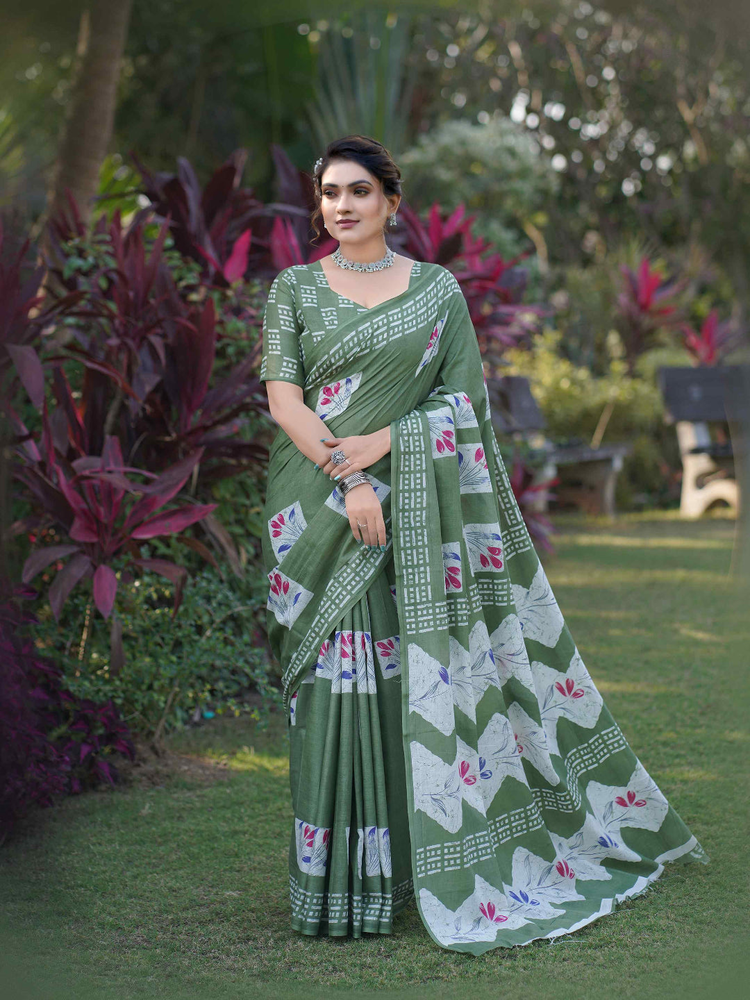 Olive Green Batik Printed Mulmul Cotton Saree