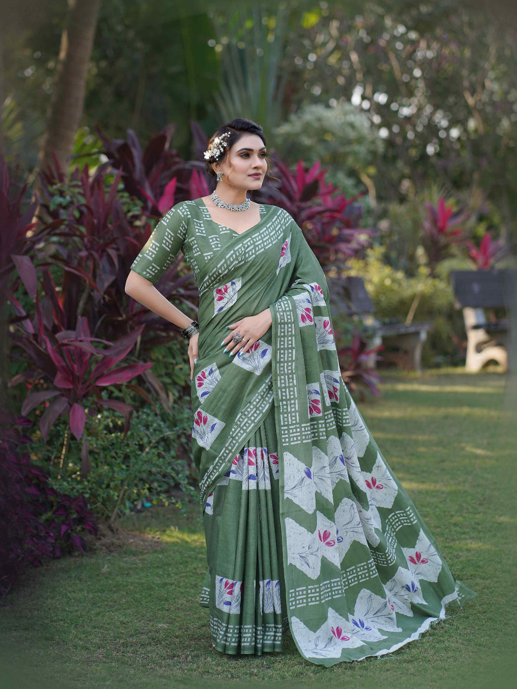 Olive Green Batik Printed Mulmul Cotton Saree