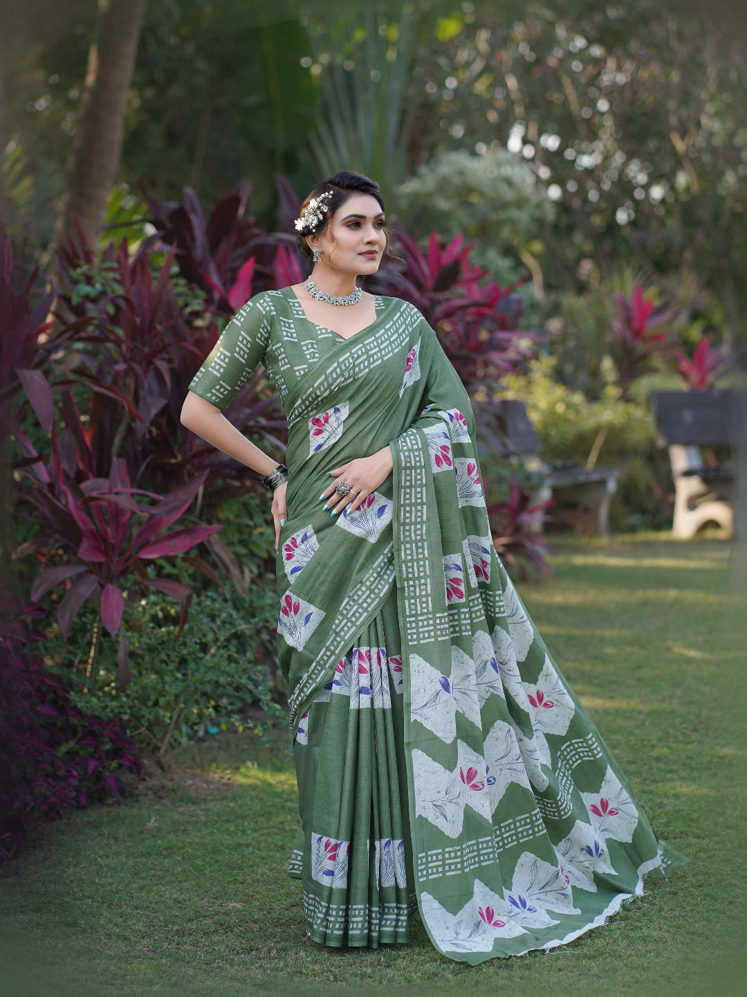 Olive Green Batik Printed Mulmul Cotton Saree