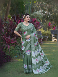 Olive Green Batik Printed Mulmul Cotton Saree