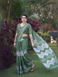 Olive Green Batik Printed Mulmul Cotton Saree