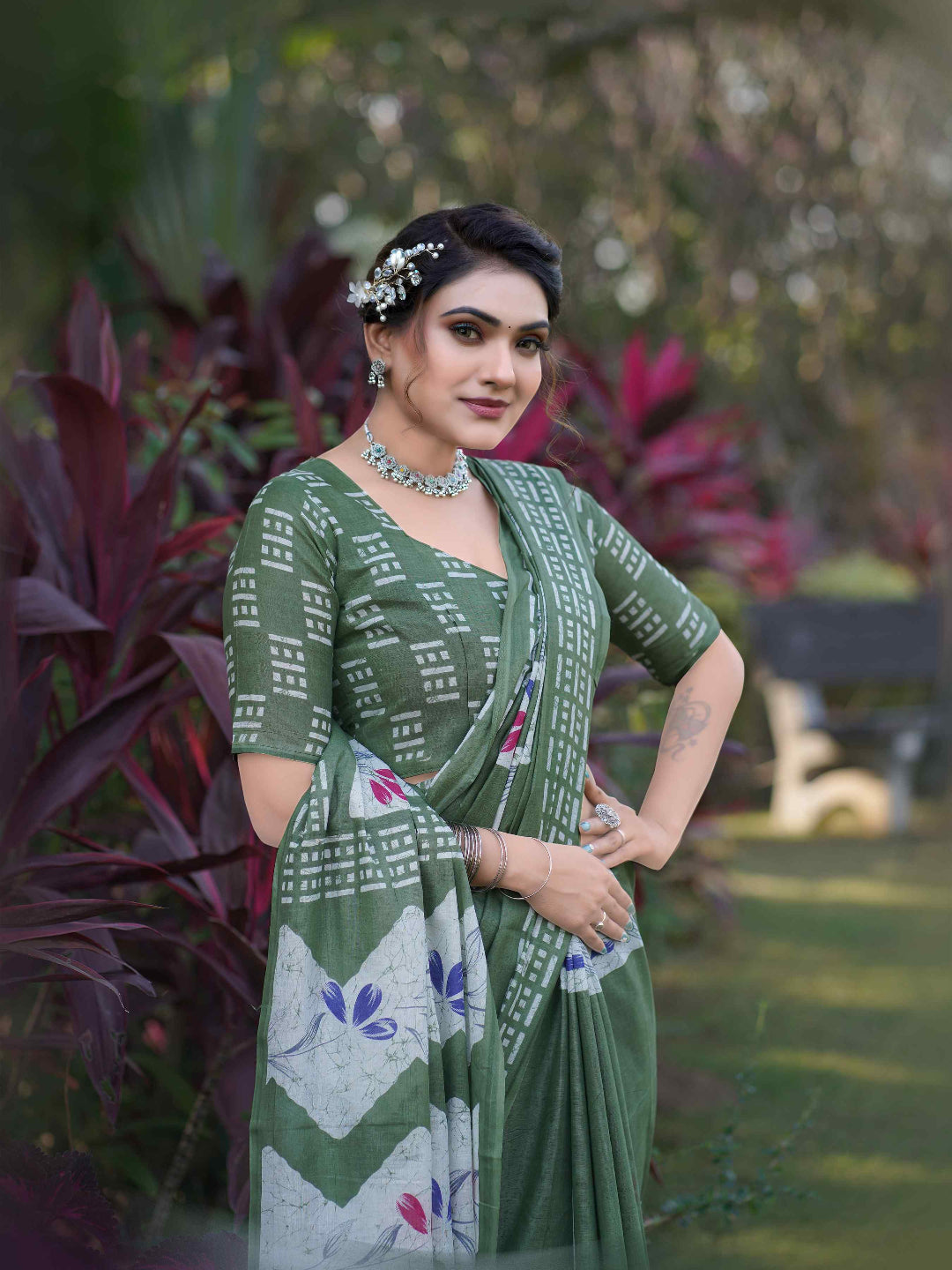 Olive Green Batik Printed Mulmul Cotton Saree