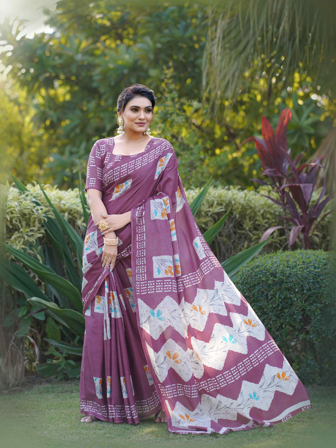 Olive Green Batik Printed Mulmul Cotton Saree