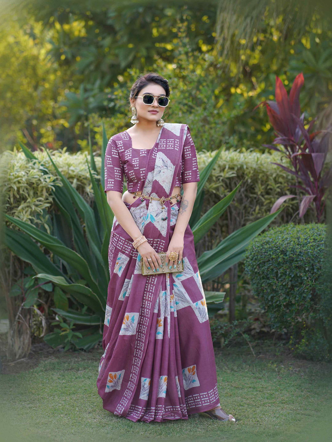 Olive Green Batik Printed Mulmul Cotton Saree