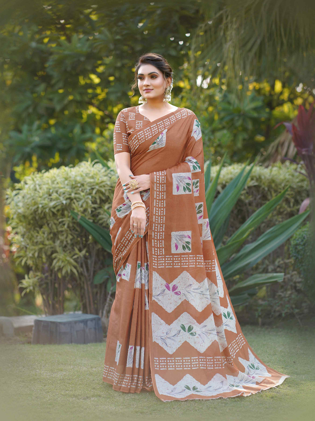 Olive Green Batik Printed Mulmul Cotton Saree