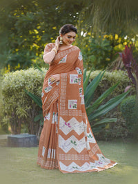 Olive Green Batik Printed Mulmul Cotton Saree
