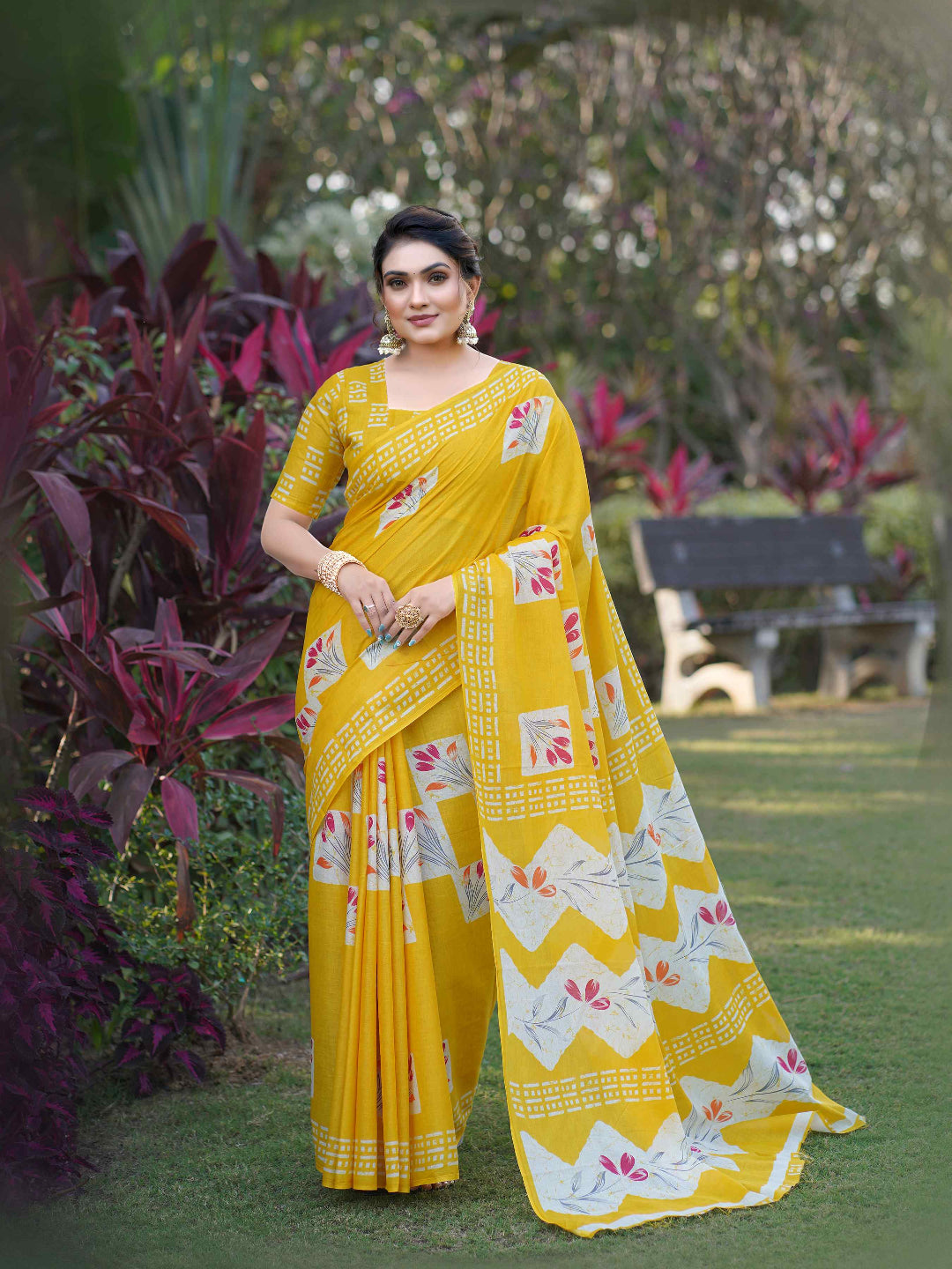 Olive Green Batik Printed Mulmul Cotton Saree