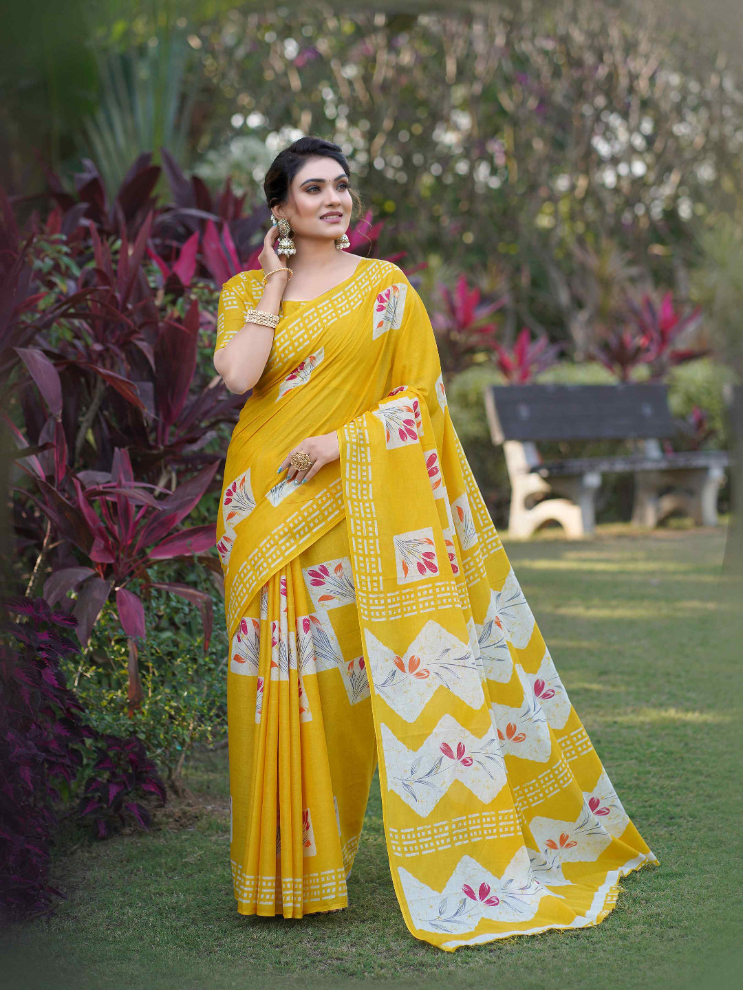 Olive Green Batik Printed Mulmul Cotton Saree