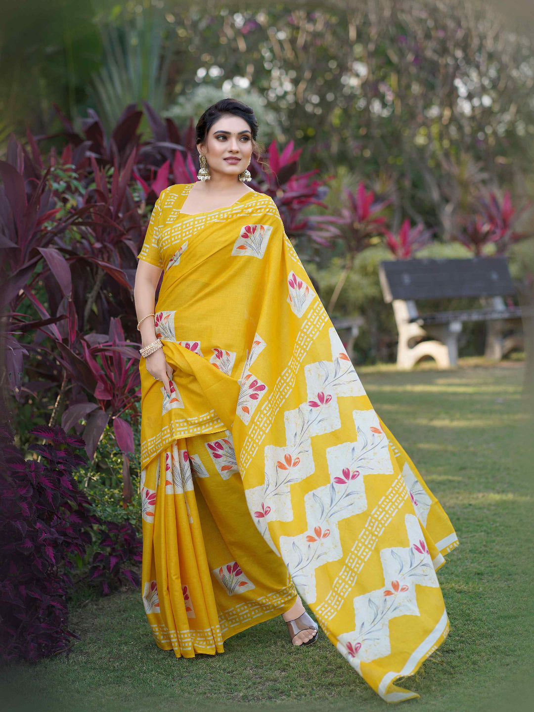 Olive Green Batik Printed Mulmul Cotton Saree