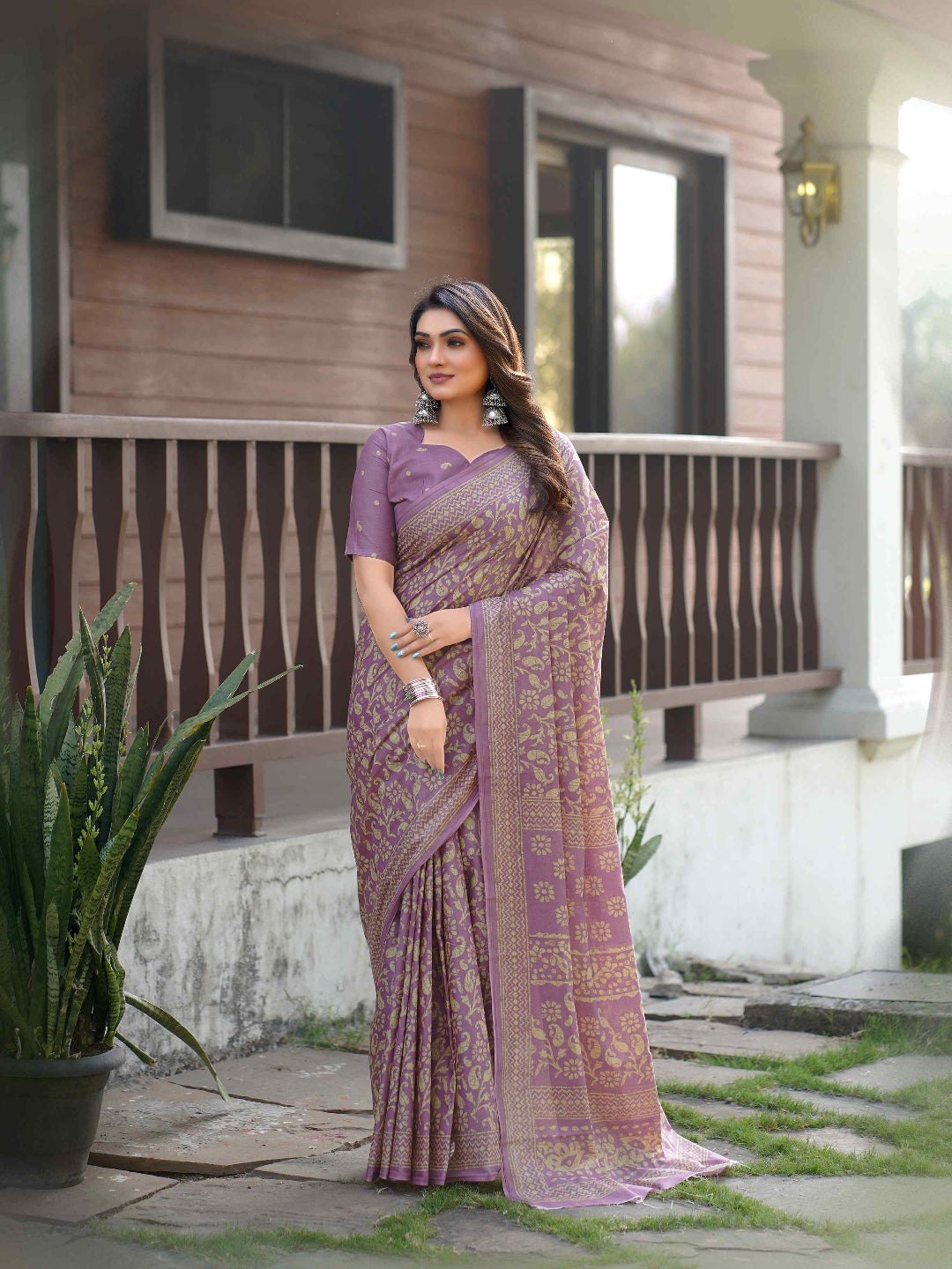 Sea Blue Cotten Saree with Golden Paisley Prints