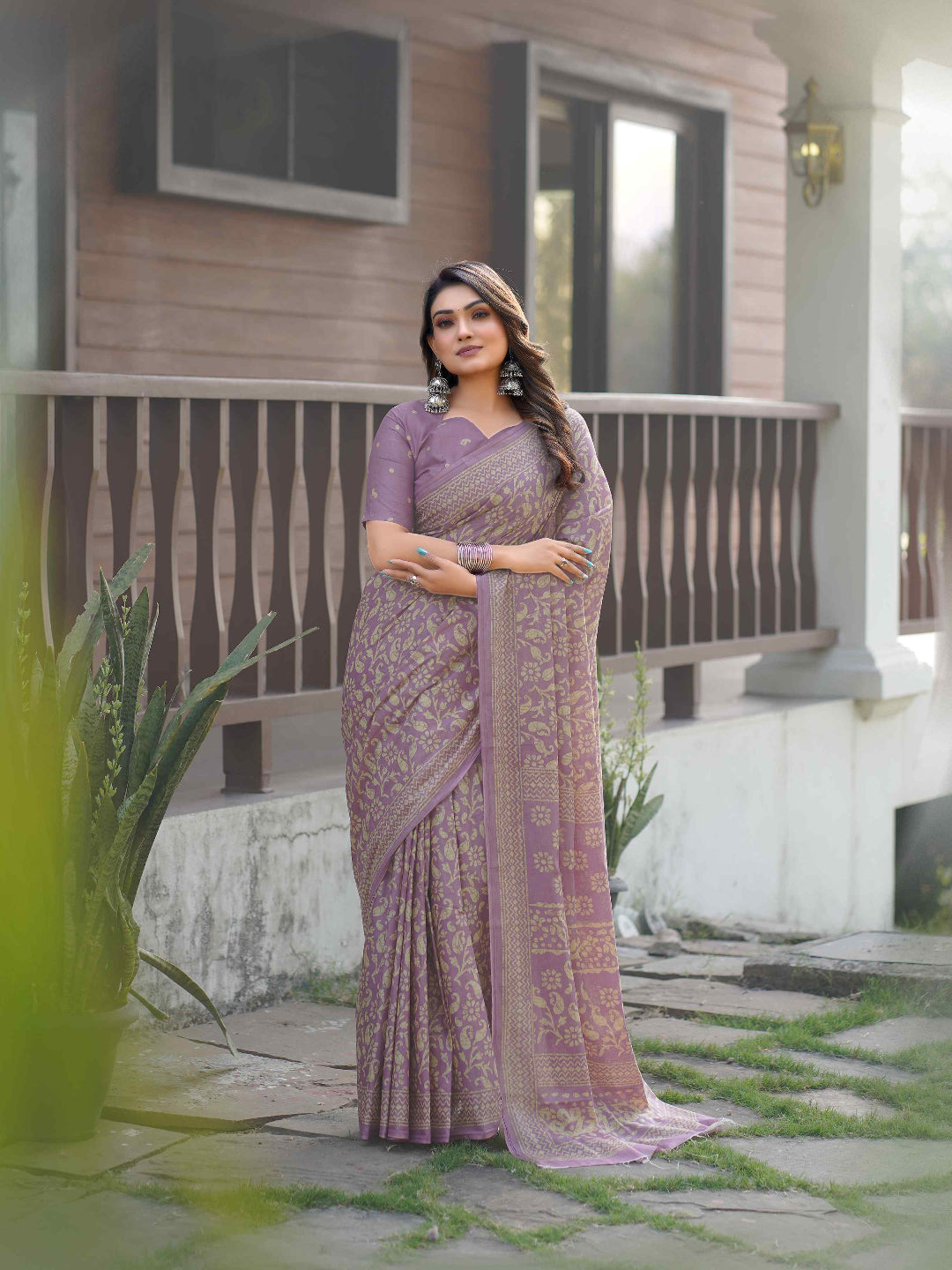 Sea Blue Cotten Saree with Golden Paisley Prints