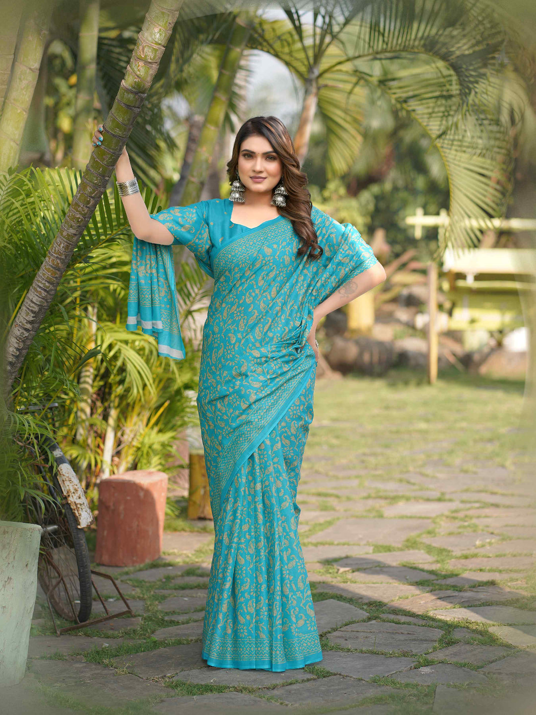 Sea Blue Cotten Saree with Golden Paisley Prints