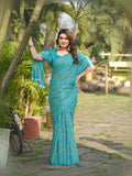 Sea Blue Cotten Saree with Golden Paisley Prints