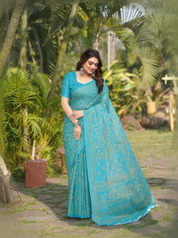 Sea Blue Cotten Saree with Golden Paisley Prints