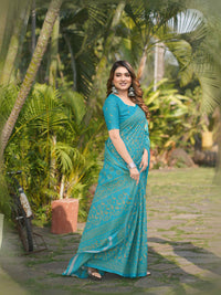 Sea Blue Cotten Saree with Golden Paisley Prints