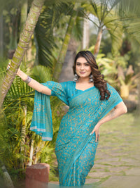 Sea Blue Cotten Saree with Golden Paisley Prints