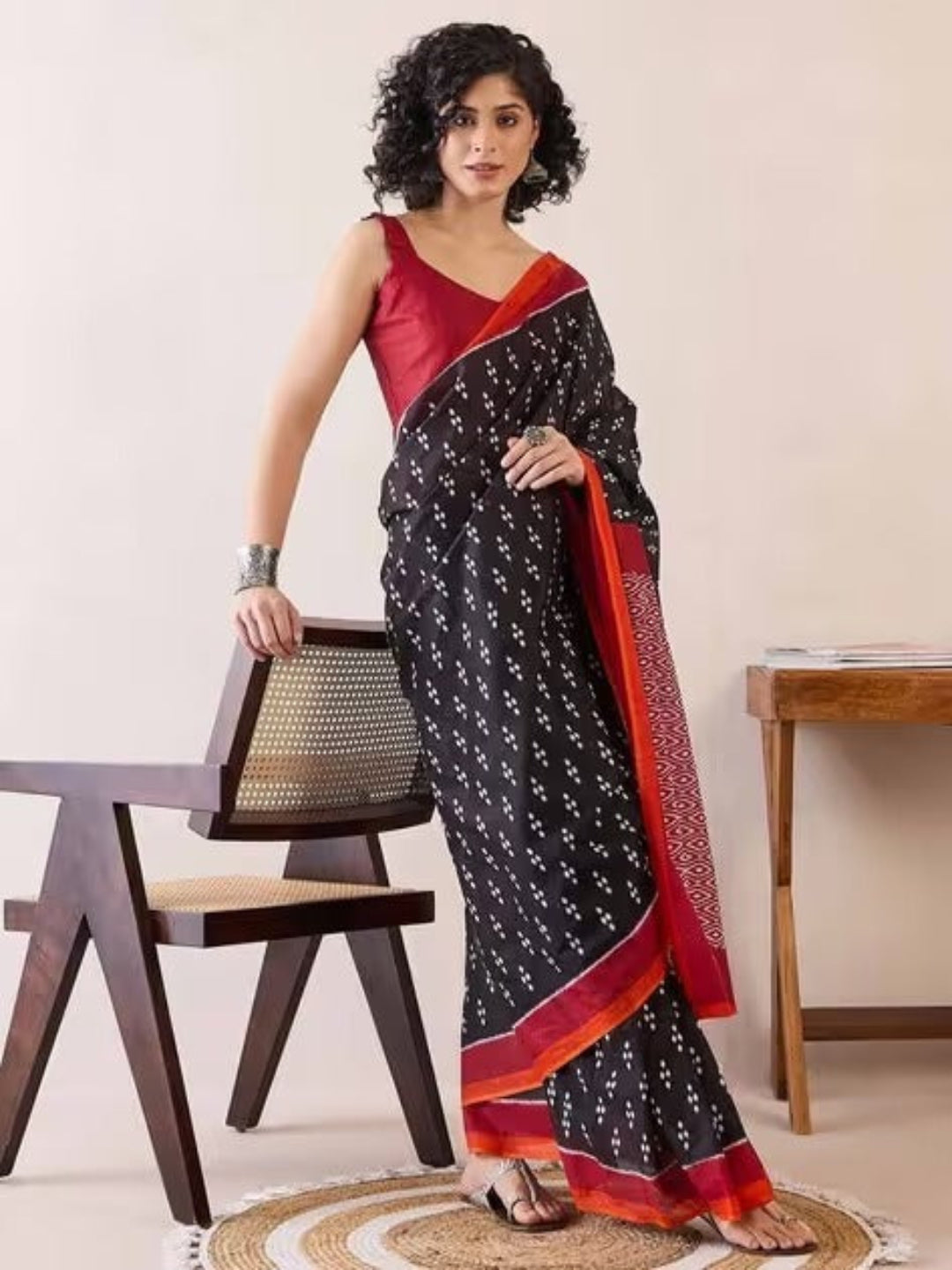 Rama green ikkat print cotton saree with blouse