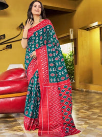 Rama green ikkat print cotton saree with blouse