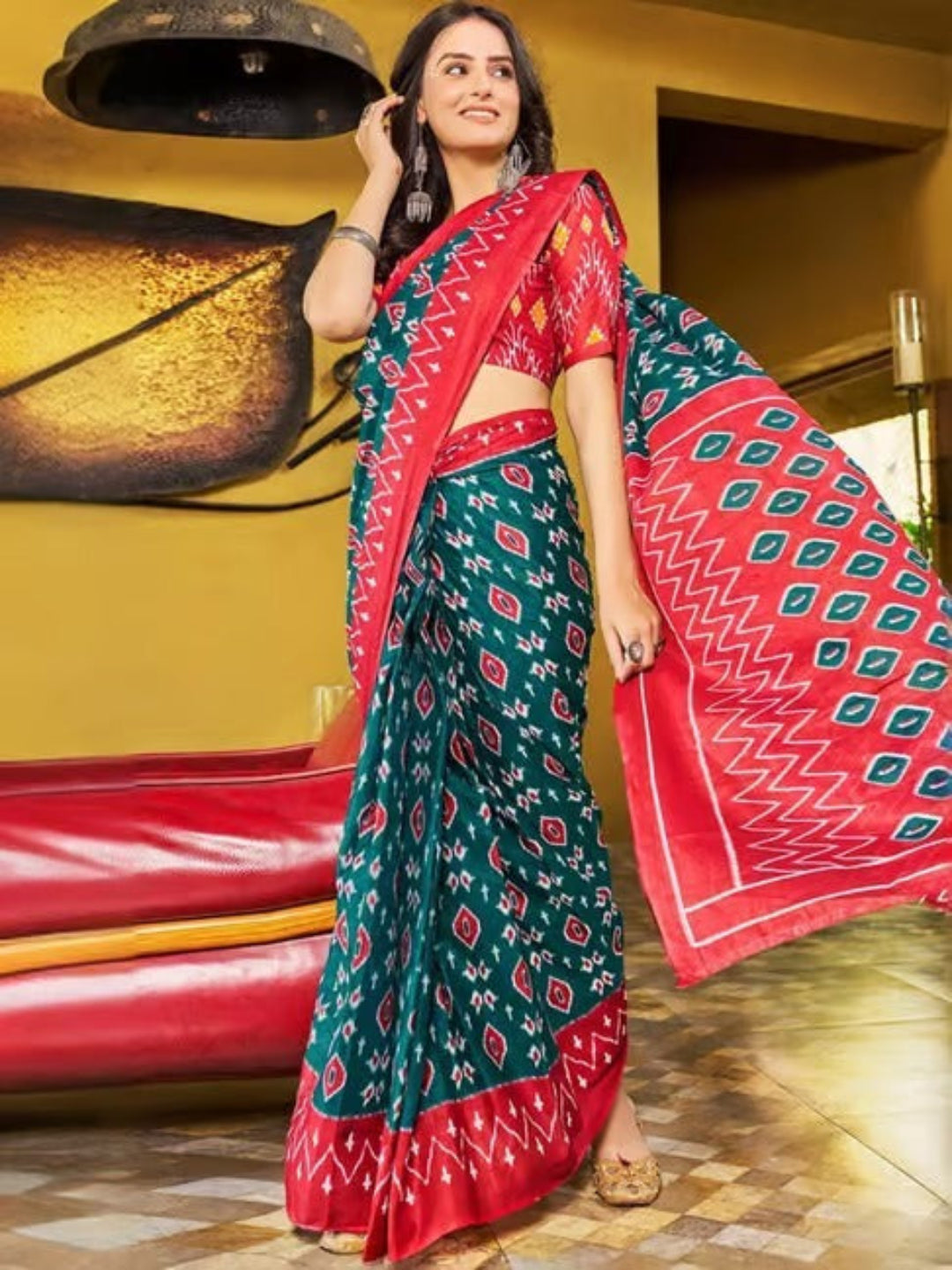 Rama green ikkat print cotton saree with blouse