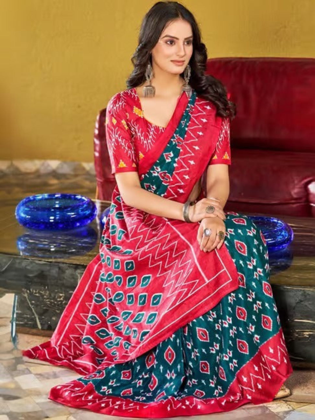 Rama green ikkat print cotton saree with blouse