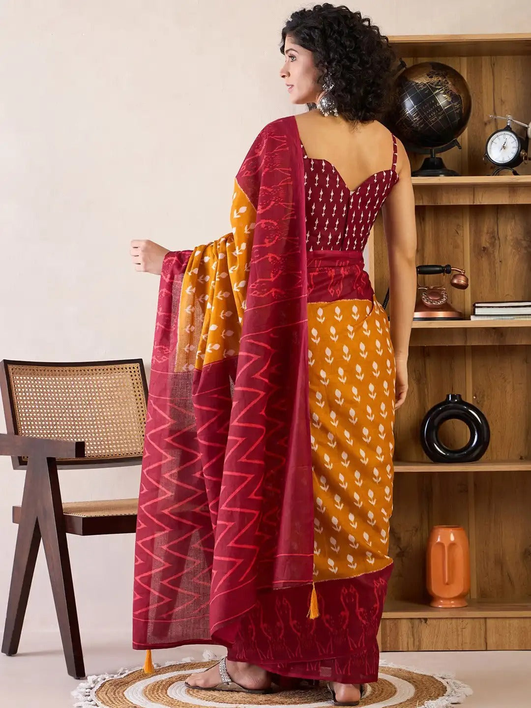 Rama green ikkat print cotton saree with blouse