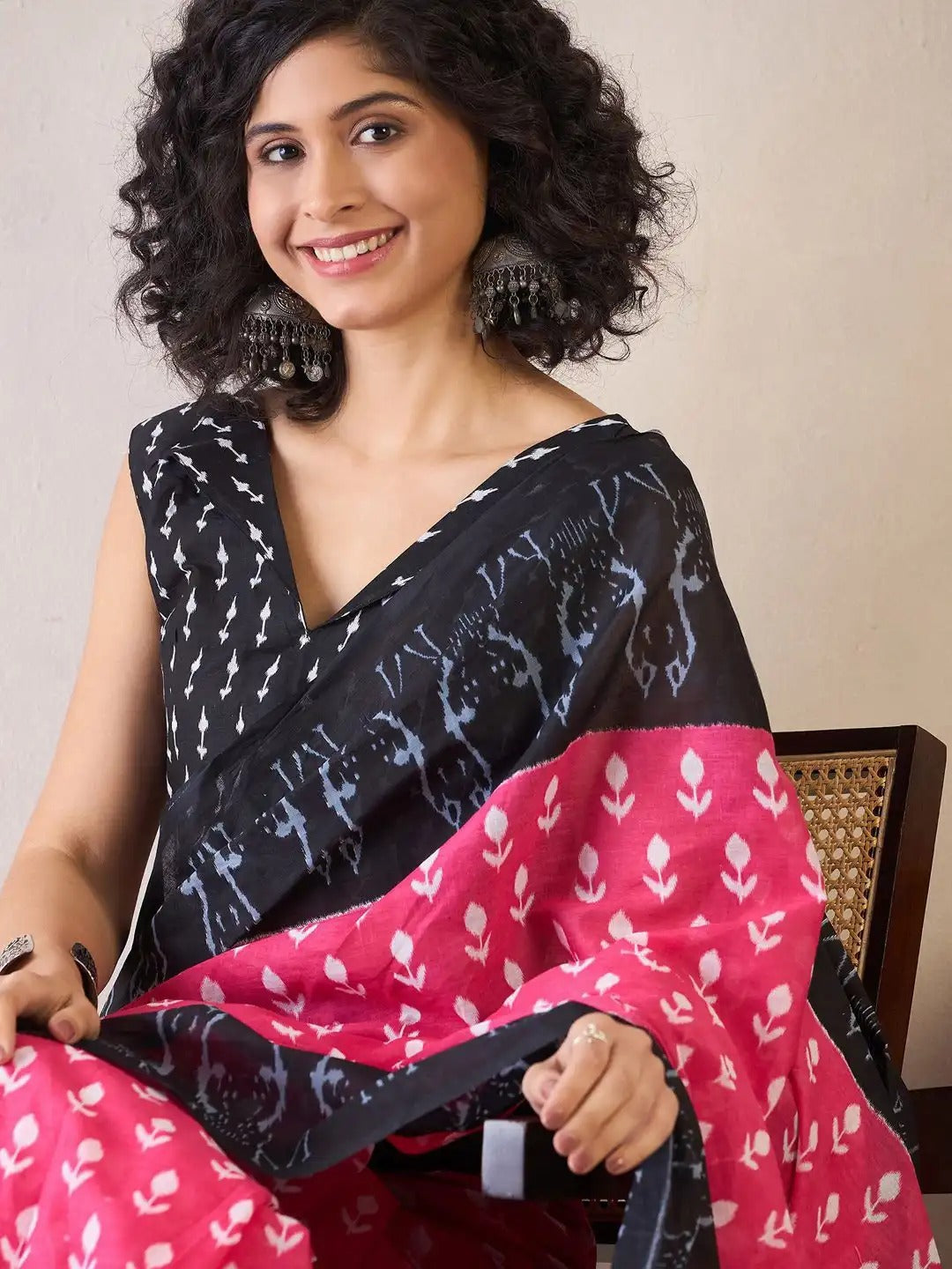 Rama green ikkat print cotton saree with blouse