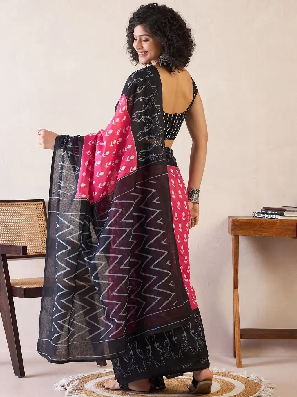 Rama green ikkat print cotton saree with blouse