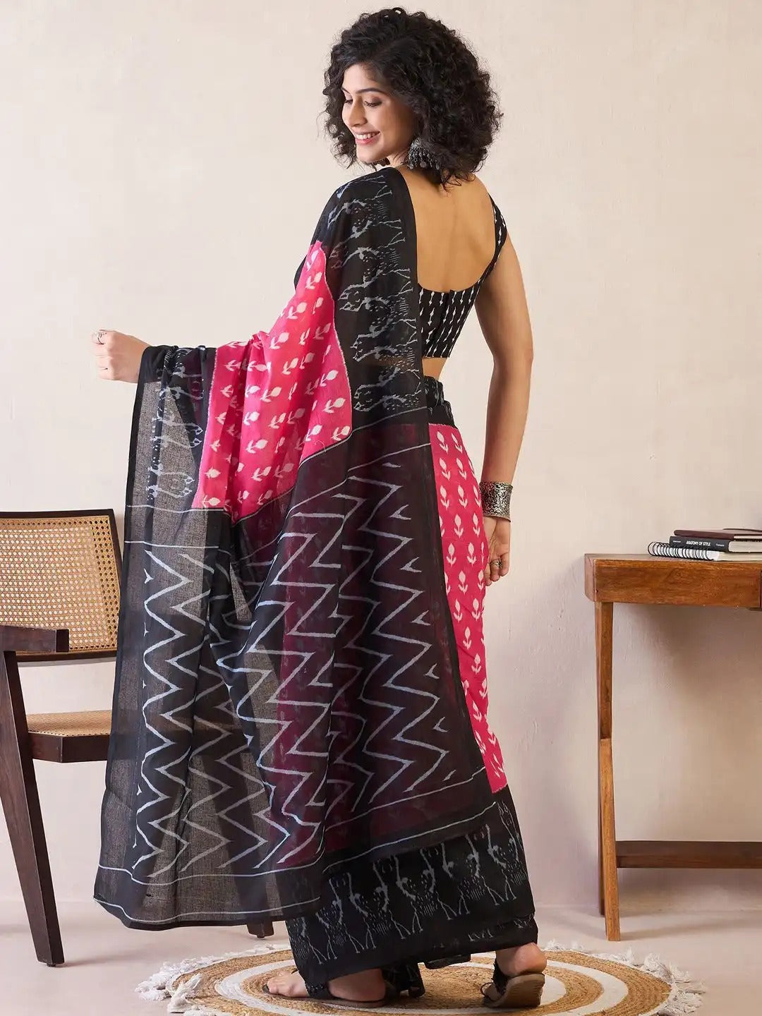 Rama green ikkat print cotton saree with blouse