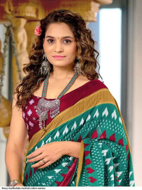 Rama green ikkat print cotton saree with blouse