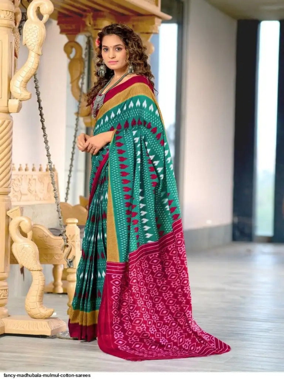 Rama green ikkat print cotton saree with blouse