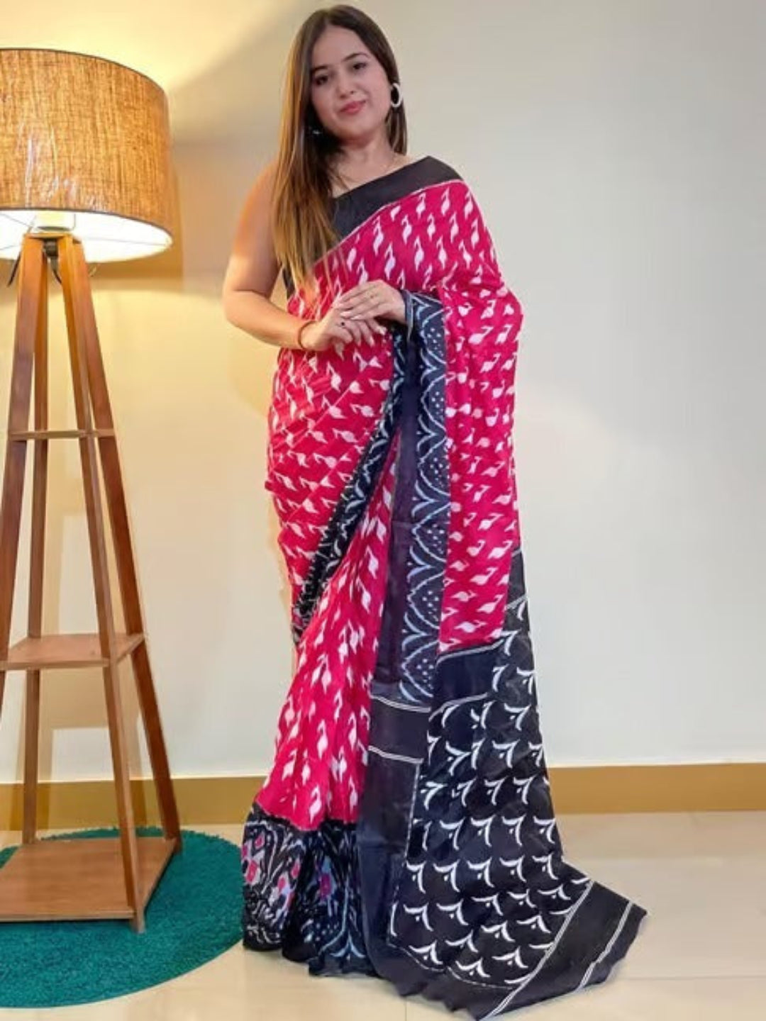 Rama green ikkat print cotton saree with blouse