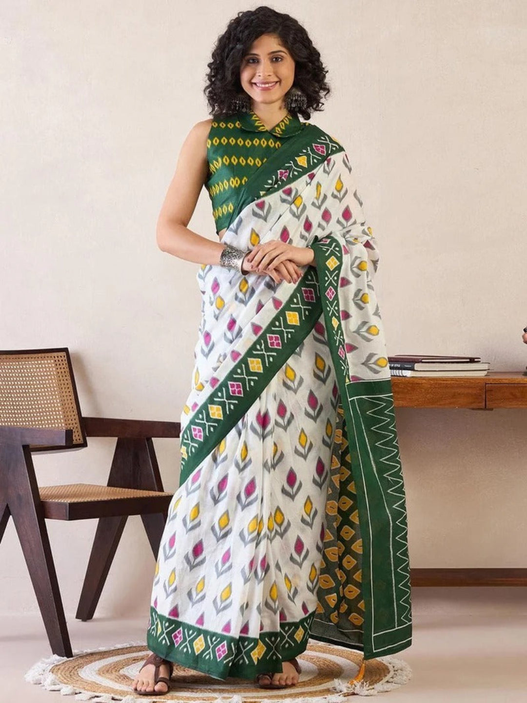 Rama green ikkat print cotton saree with blouse