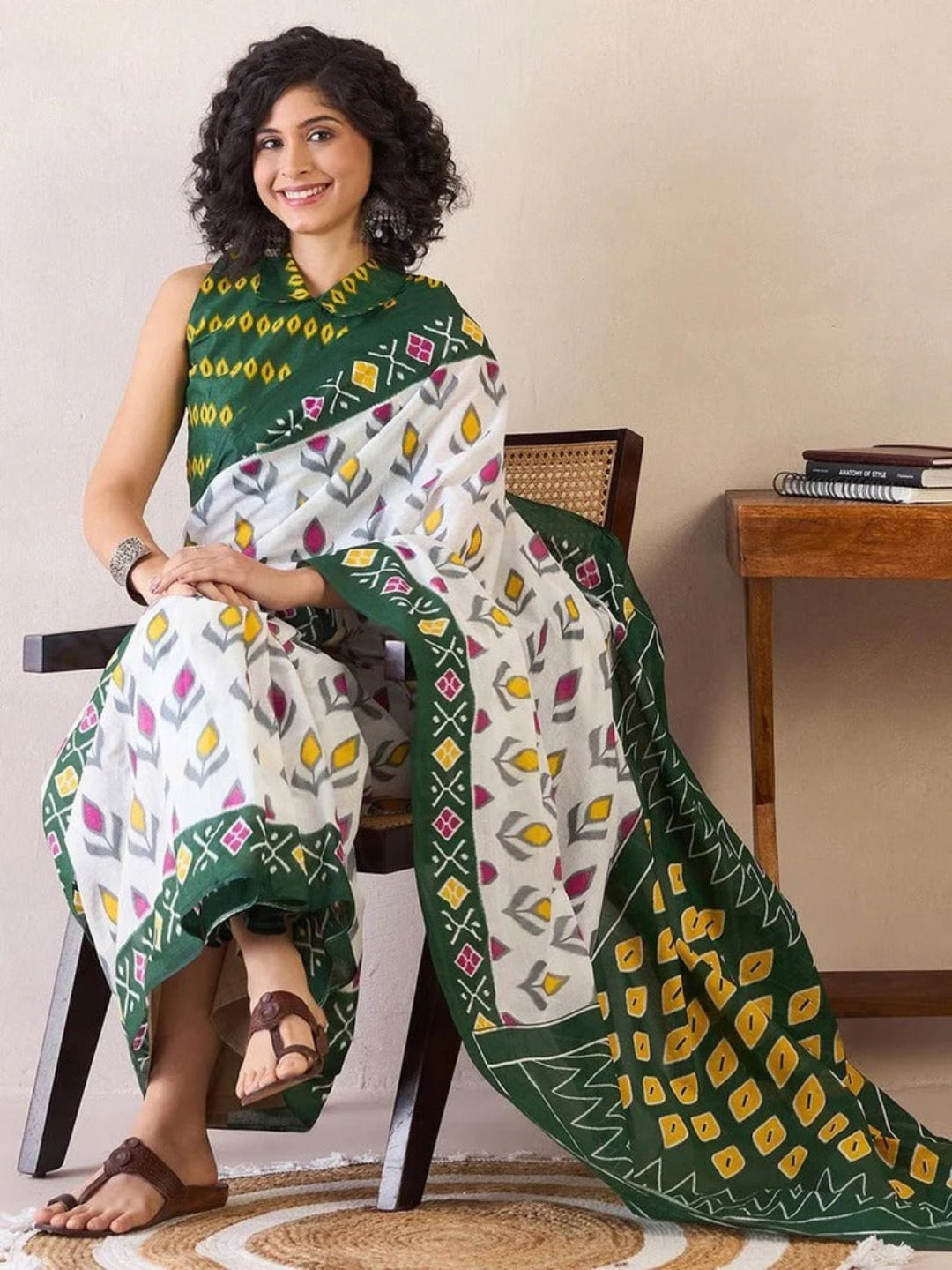 Rama green ikkat print cotton saree with blouse