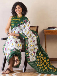 Rama green ikkat print cotton saree with blouse