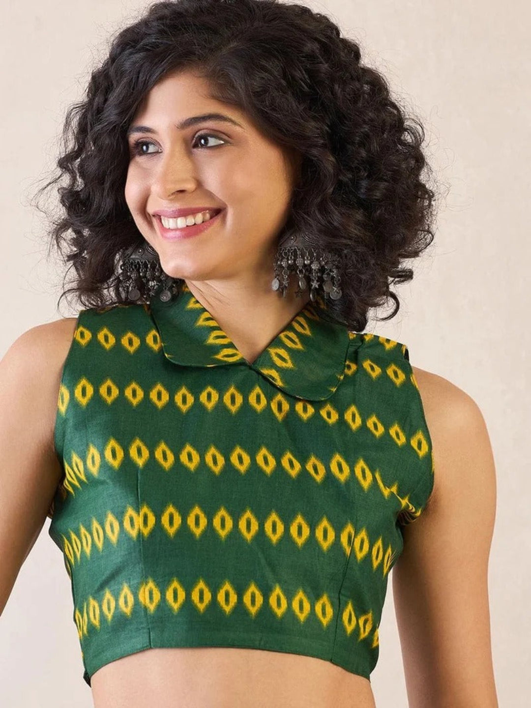 Rama green ikkat print cotton saree with blouse