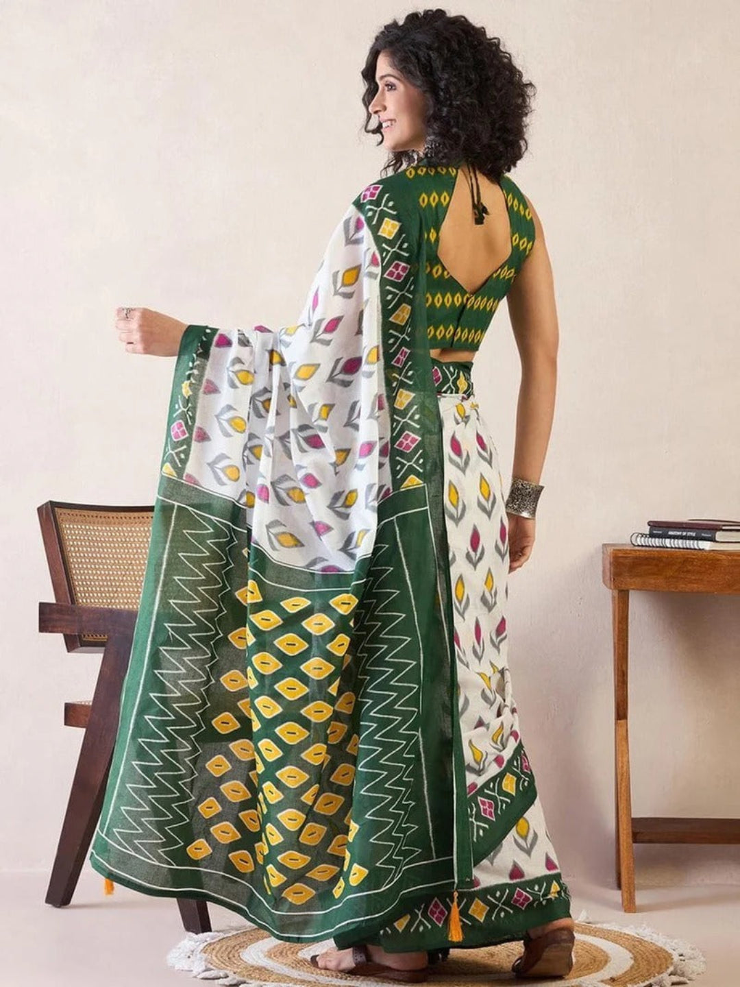 Rama green ikkat print cotton saree with blouse