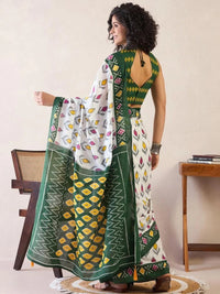 Rama green ikkat print cotton saree with blouse