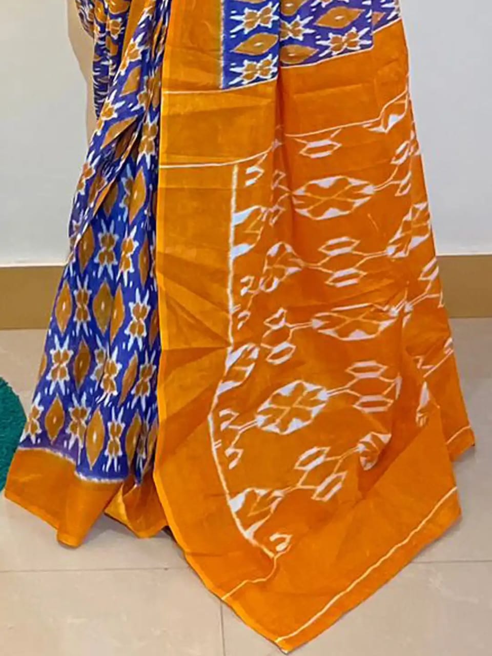Pochampally Ikat Handloom Saree in Vibrant Orange and Blue.