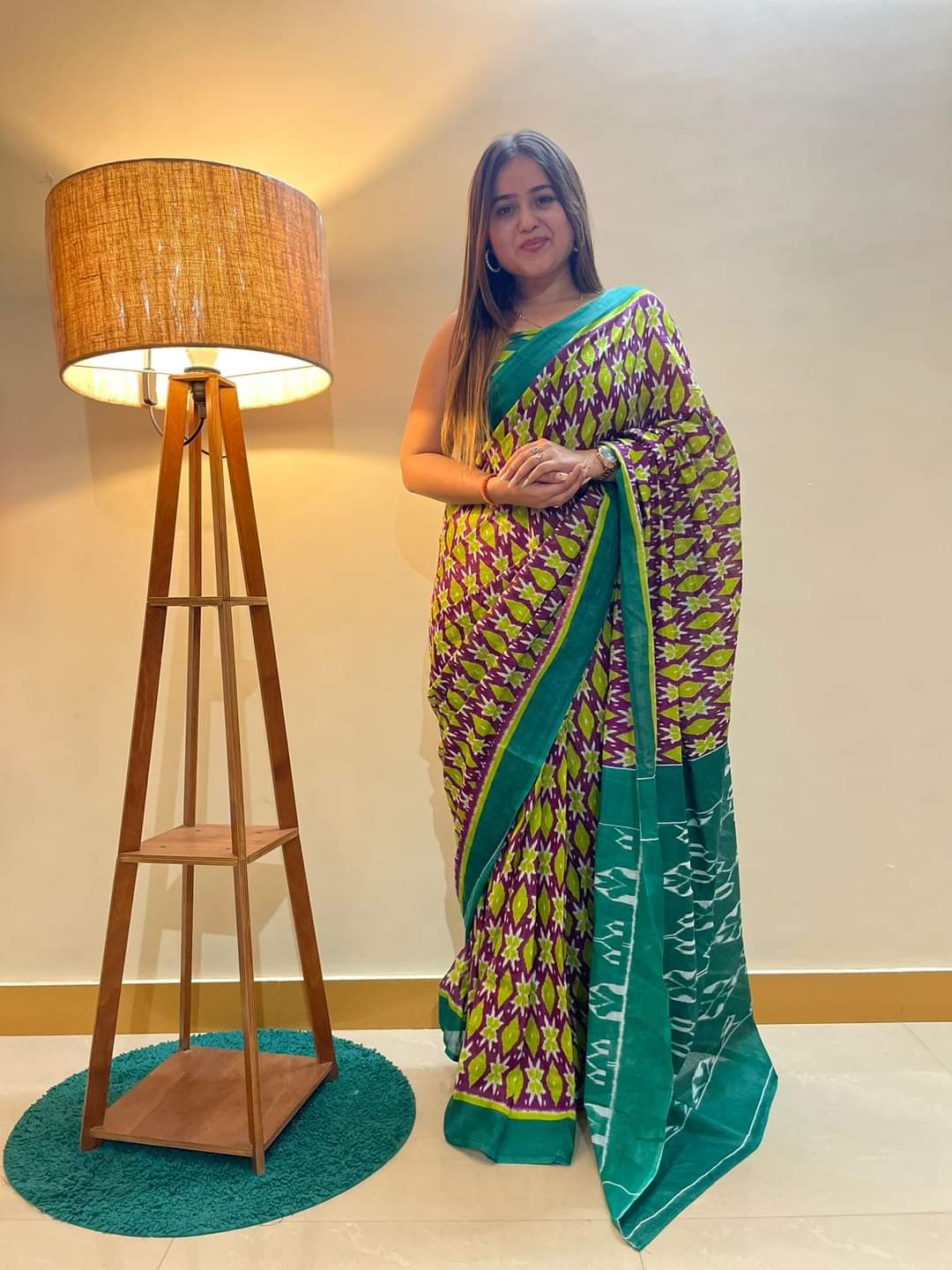 Rama green ikkat print cotton saree with blouse